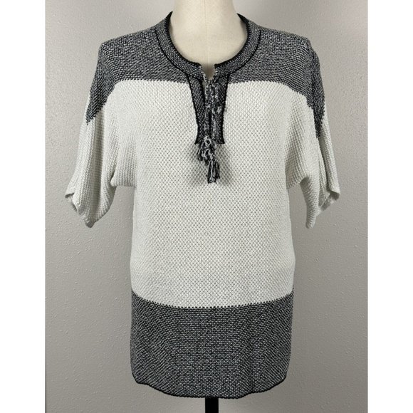 Christopher & Banks Sweaters - Christopher & Banks Womens Black White Tassel Pullover Sweater Short Sleeve XL